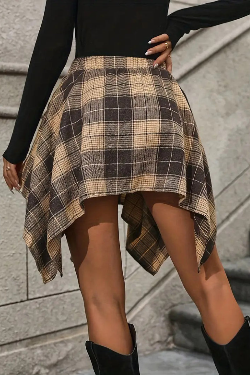 Asymmetric Plaid High-Low Skirt