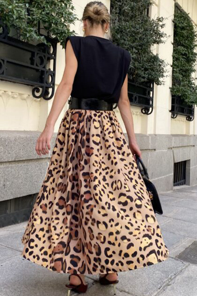 Leopard Print A-Line Midi Skirt with Pockets