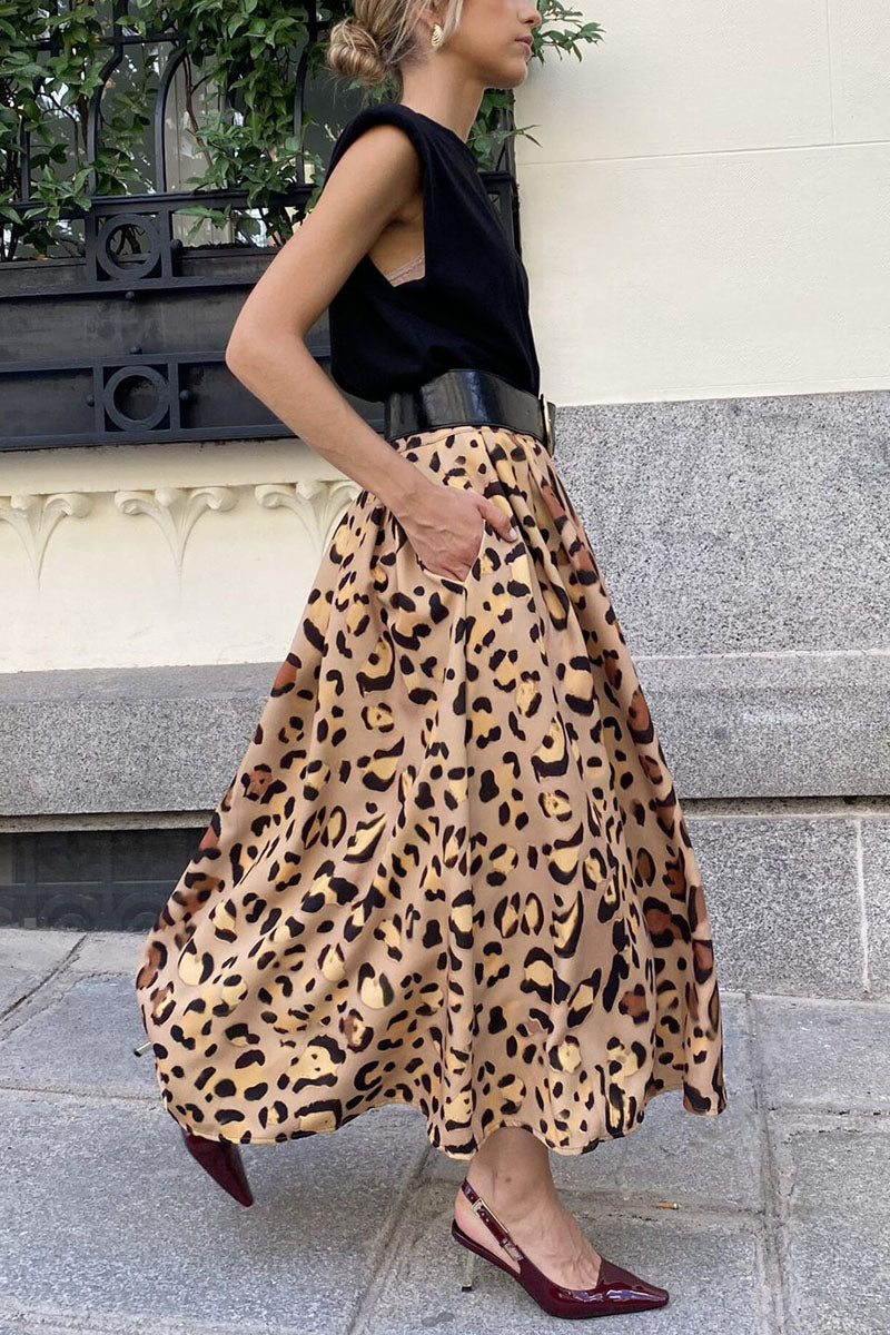 Leopard Print A-Line Midi Skirt with Pockets