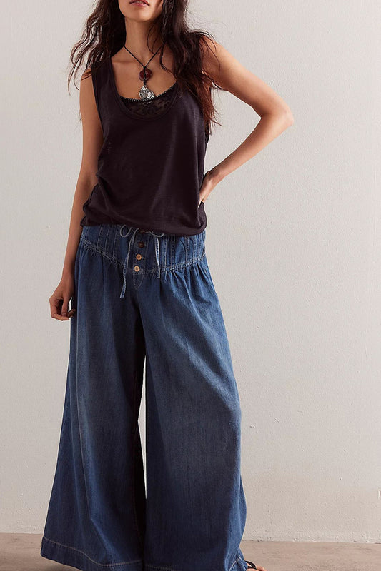 Wide-Leg Button Detail Denim Pants