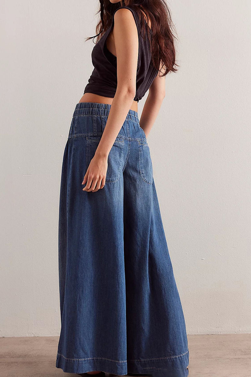 Wide-Leg Button Detail Denim Pants