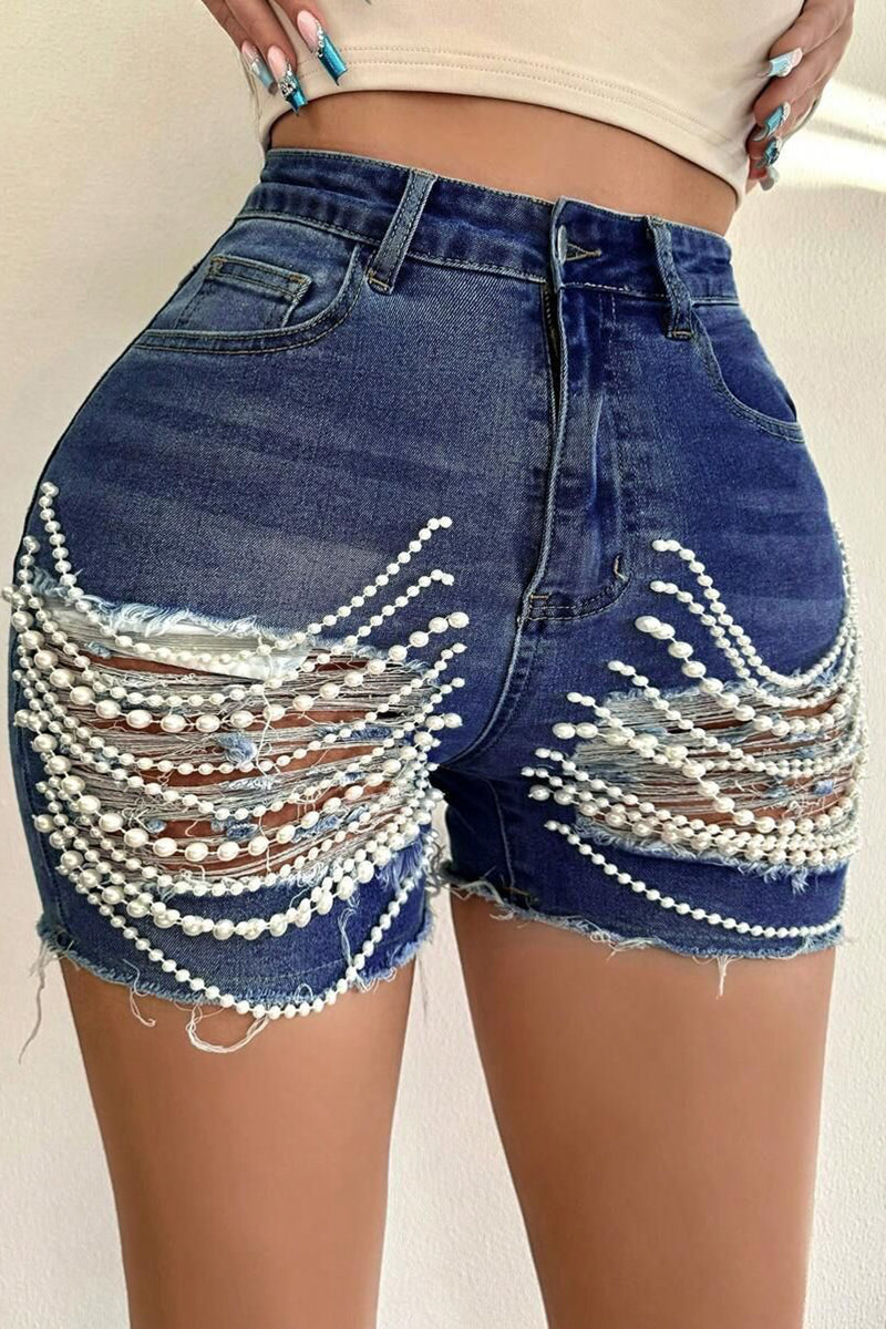 Pearl-Embellished Denim Shorts