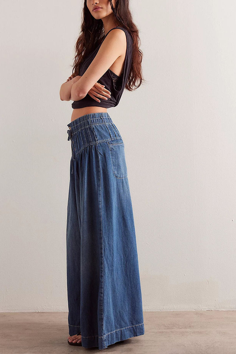 Wide-Leg Button Detail Denim Pants