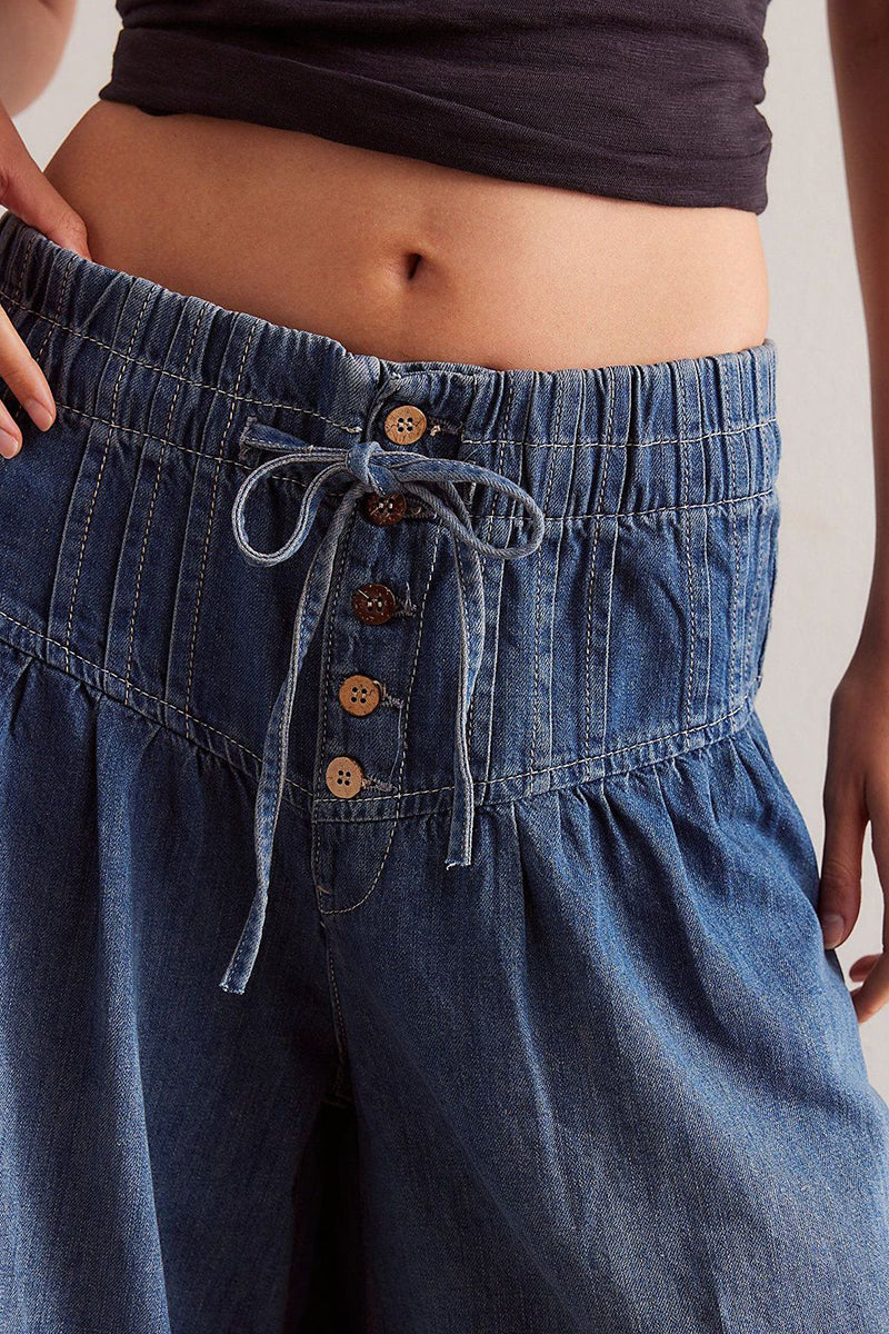 Wide-Leg Button Detail Denim Pants