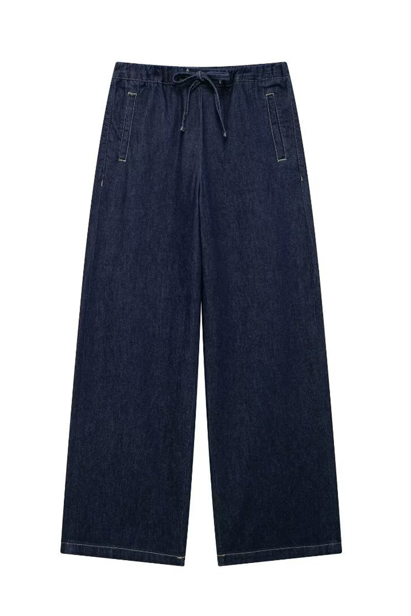 Drawstring Wide-Leg Denim Pants