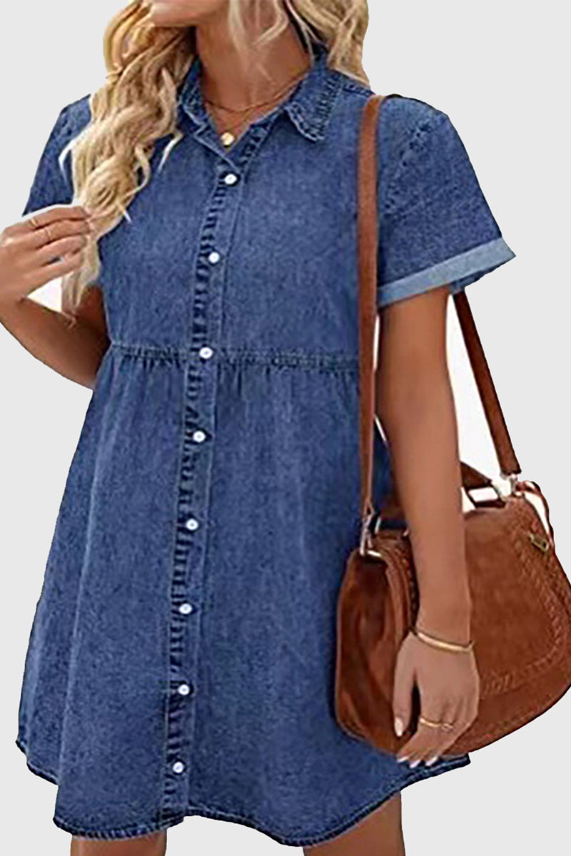 Short-Sleeve Denim Button-Up Dress