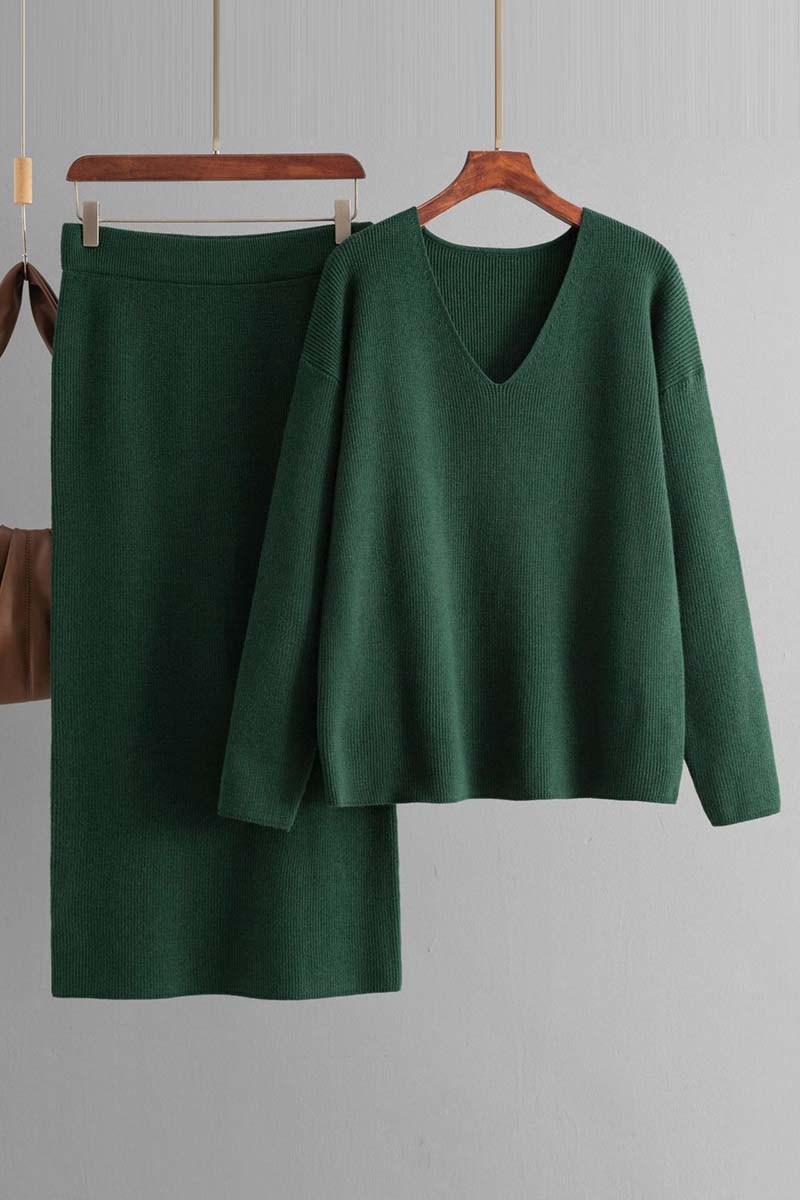 V-Neck Knit Top with Skirt Set