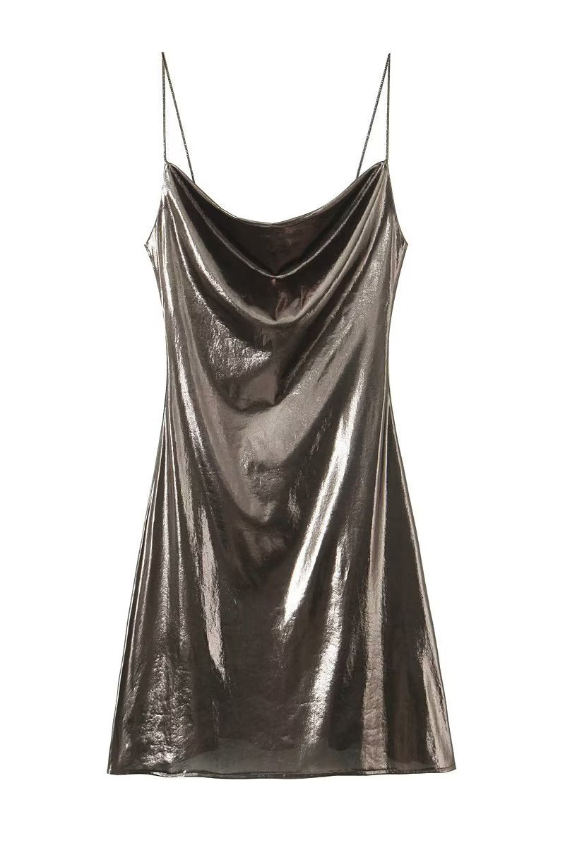 Draped Metallic Cowl Neck Mini Dress