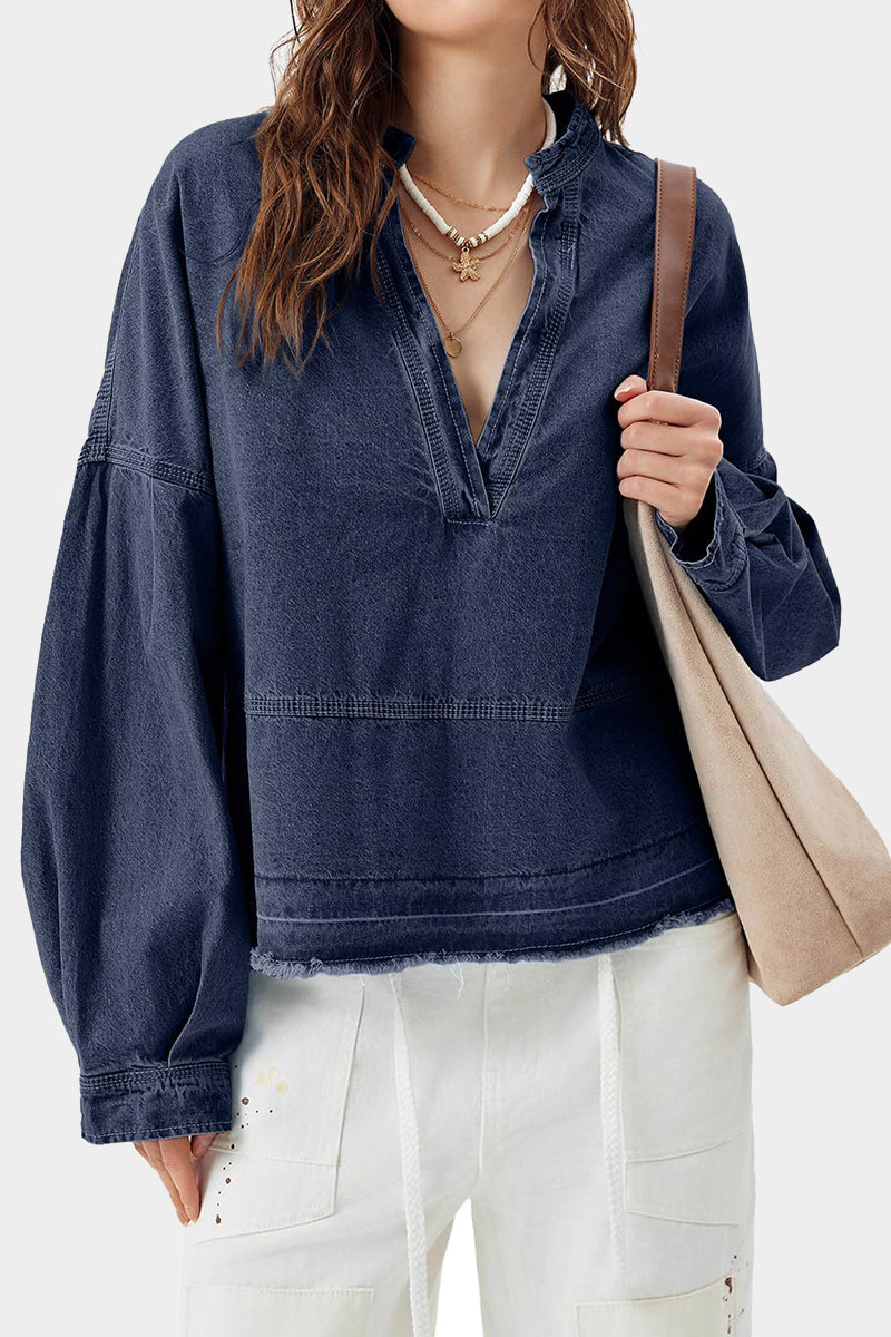 Oversized V-Neck Long Sleeve Denim Top