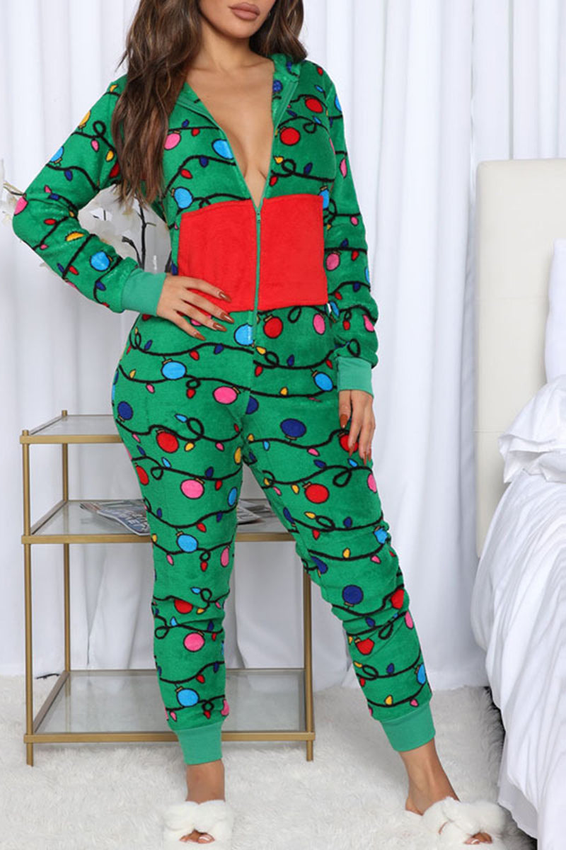 Christmas Print Long Sleeves Zipper Front Jumpsuit