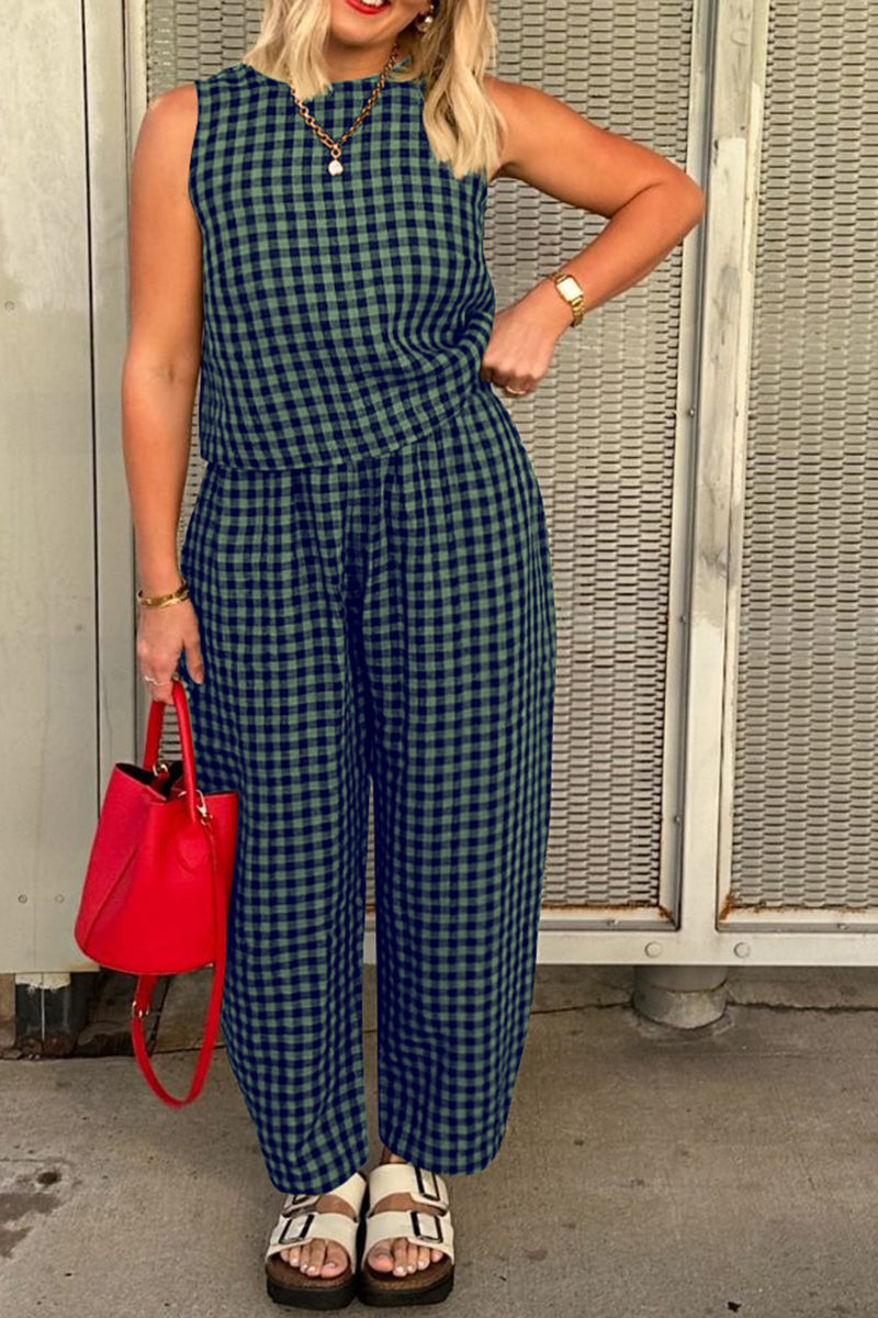 Plaid Sleeveless Vest and Pants Set