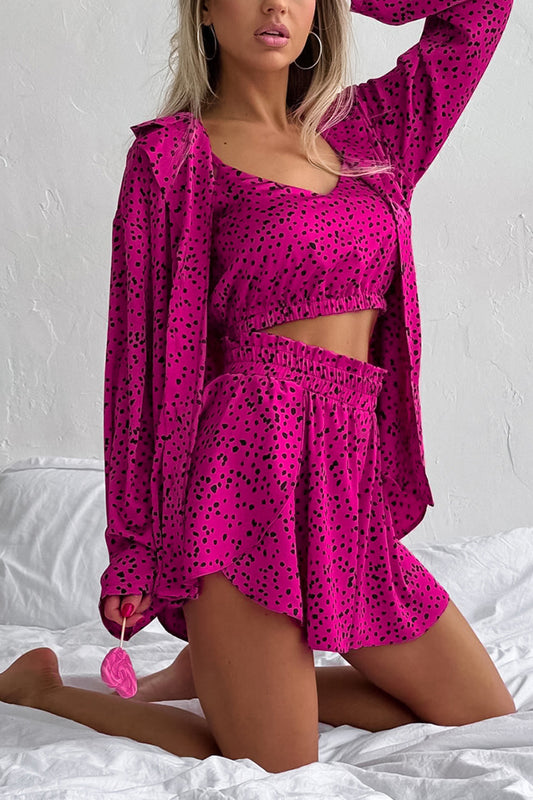 Three-Piece Polka Dots Bralette and Shirt and Shorts Set