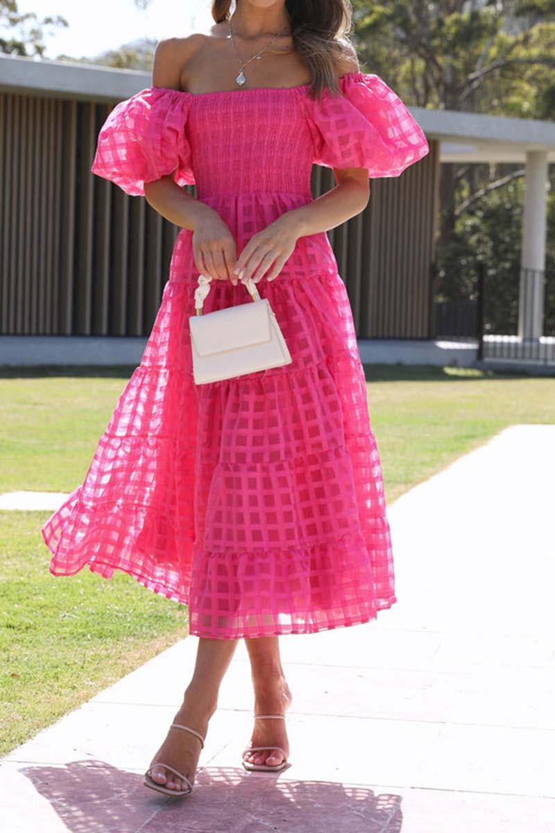 Off-Shoulder Checkered Midi Dress