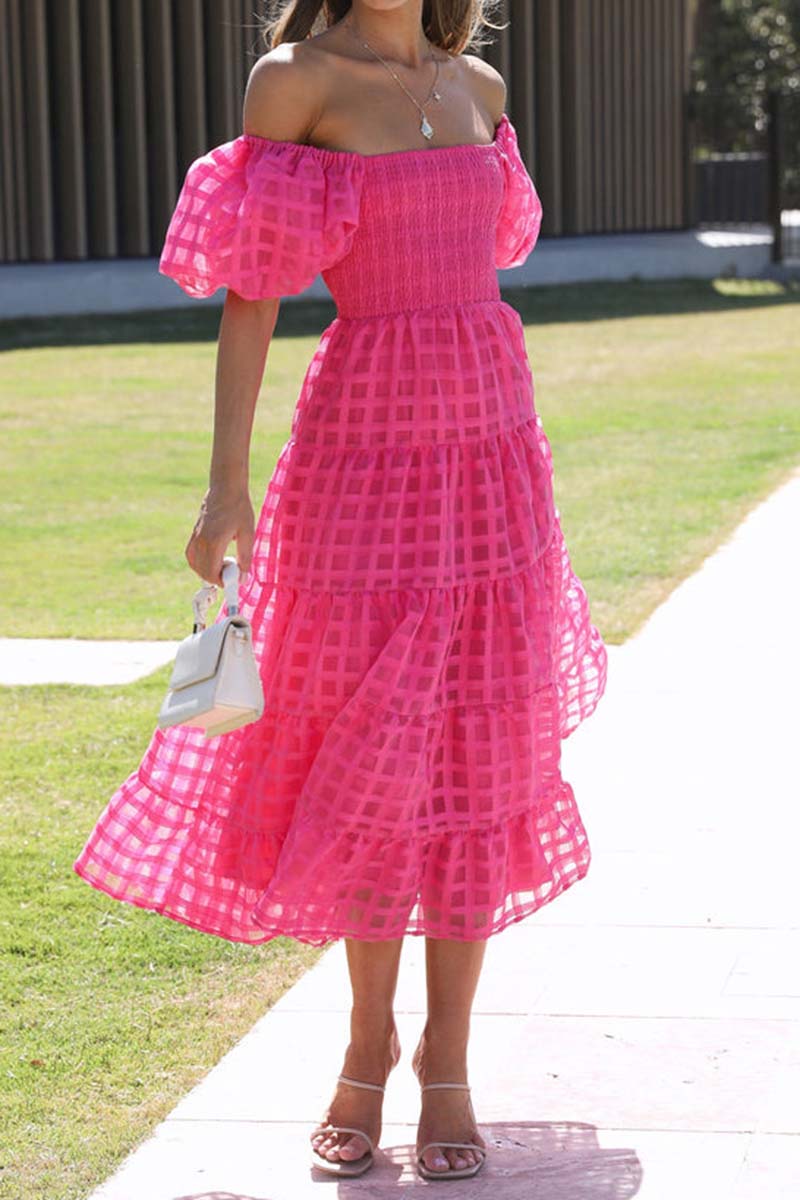 Off-Shoulder Checkered Midi Dress