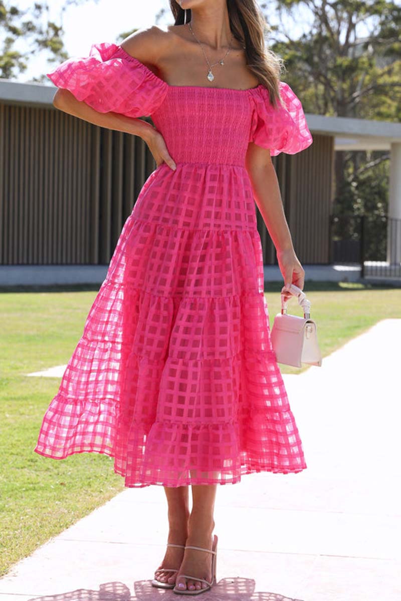 Off-Shoulder Checkered Midi Dress