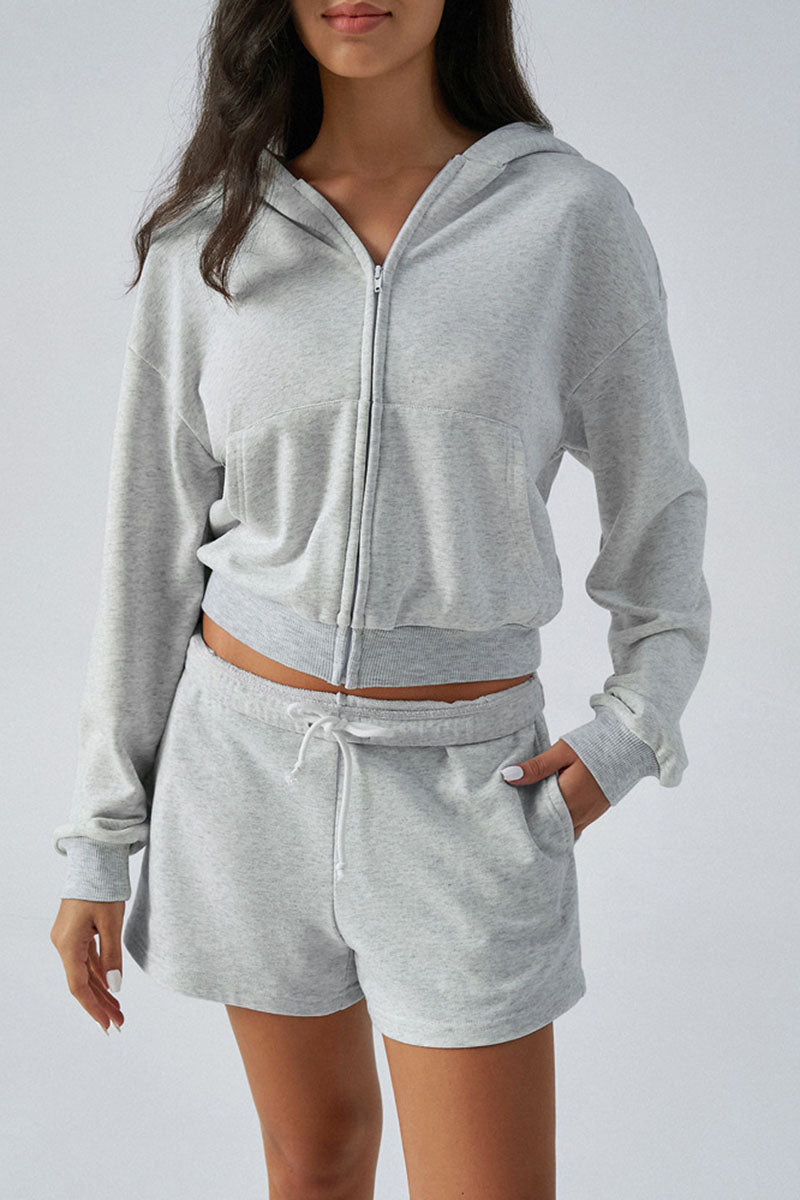 Casual Zip-Up Hoodie and Shorts Set