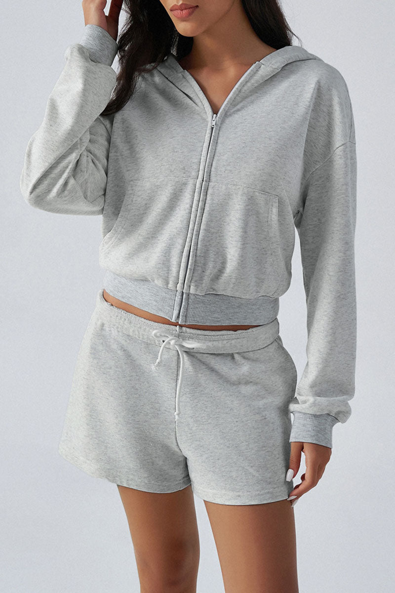 Casual Zip-Up Hoodie and Shorts Set