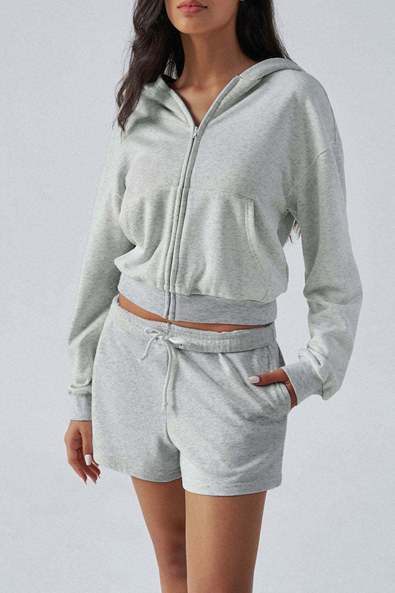 Casual Zip-Up Hoodie and Shorts Set