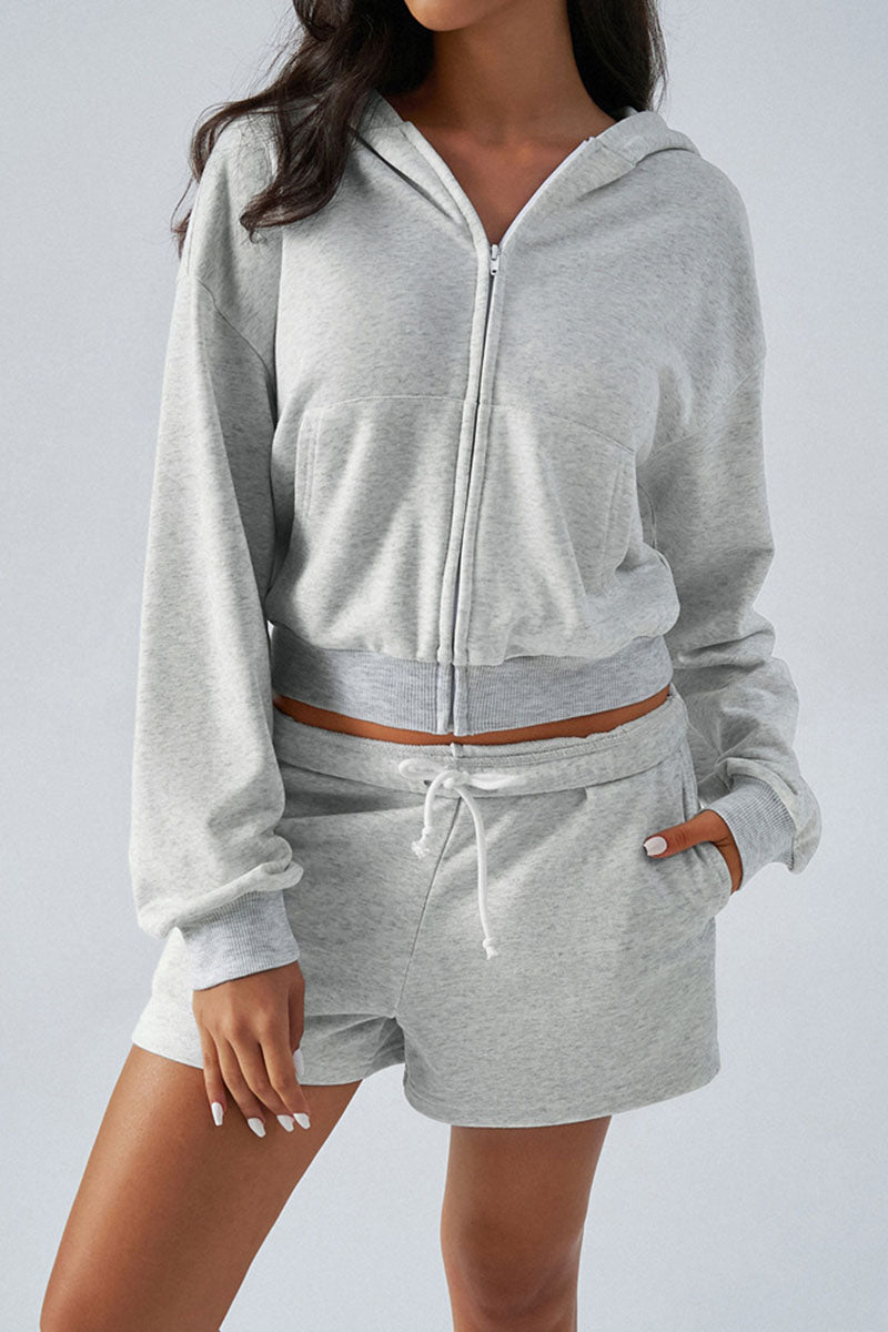 Casual Zip-Up Hoodie and Shorts Set