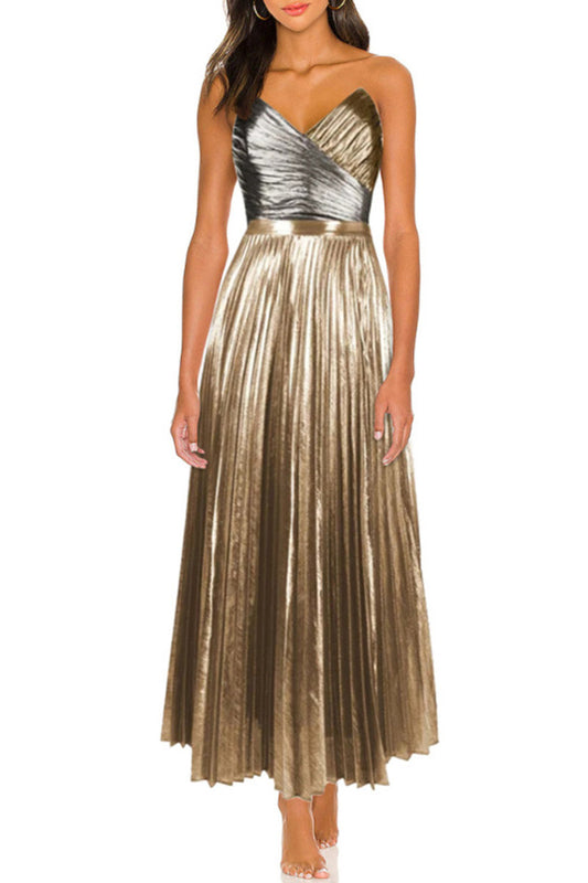 Bodysuit with Metallic Pleated Maxi Skirt Set