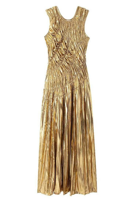 Gold Pleated Sleeveless Long Dress