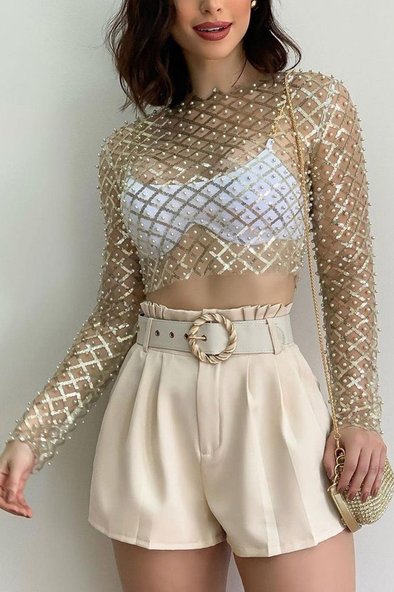 Sheer Rhinestone Embellished Crop Top