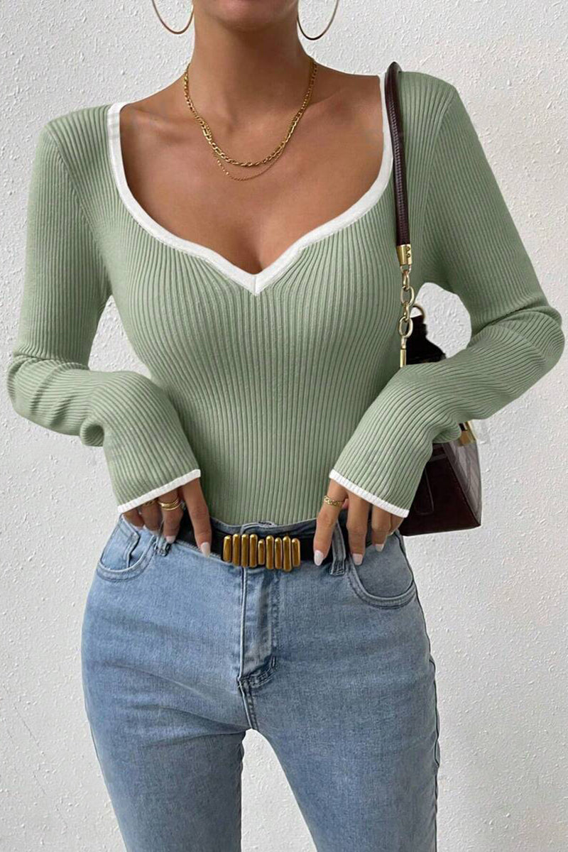 Ribbed V-Neck Long-Sleeve Top