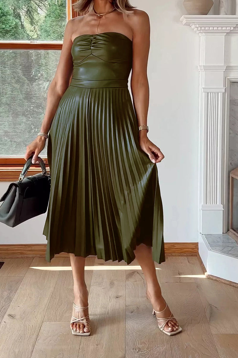 Pleated Strapless Midi Dress