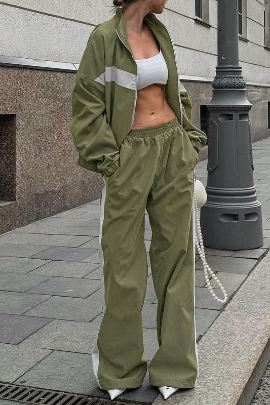 Colorblock Zip-Up Jacket & Wide-Leg Pants Set