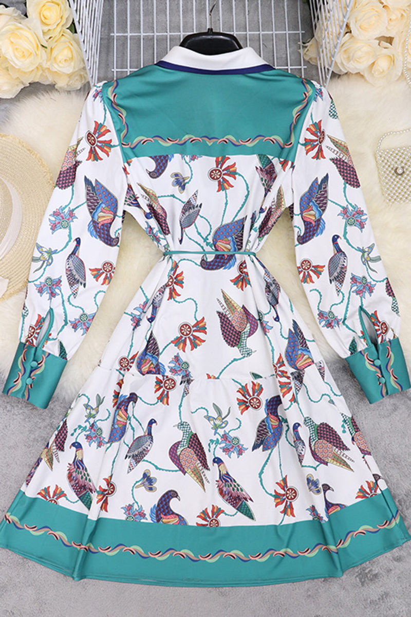 Printed Tie-Waist Collared Boho Dress