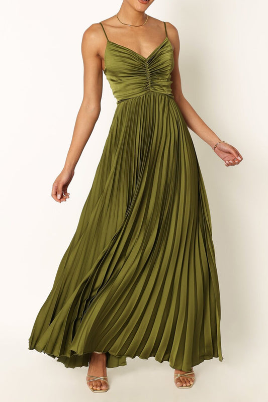 Pleated Maxi Dress with Ruched Bodice