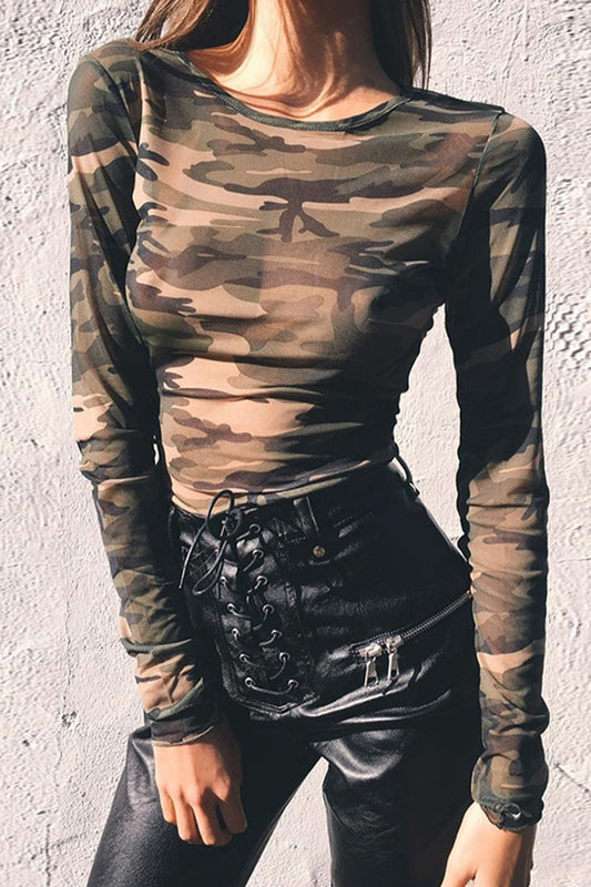 Camouflage Mesh Long Sleeve Top