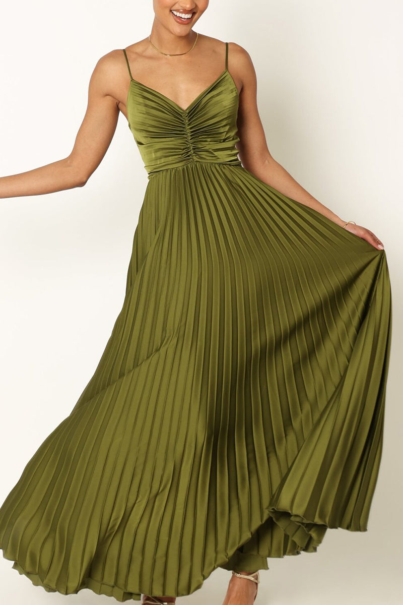 Pleated Maxi Dress with Ruched Bodice