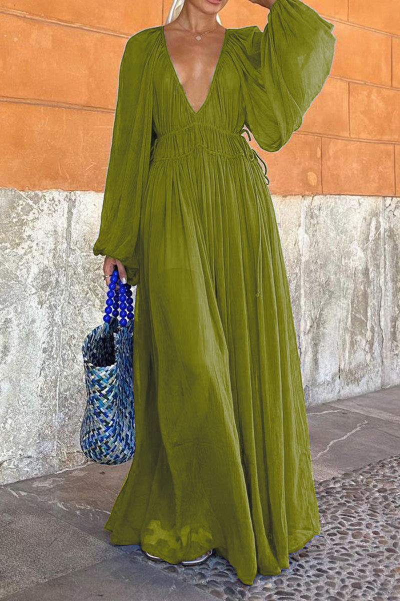 Plunge Neck Maxi Dress with Balloon Sleeves