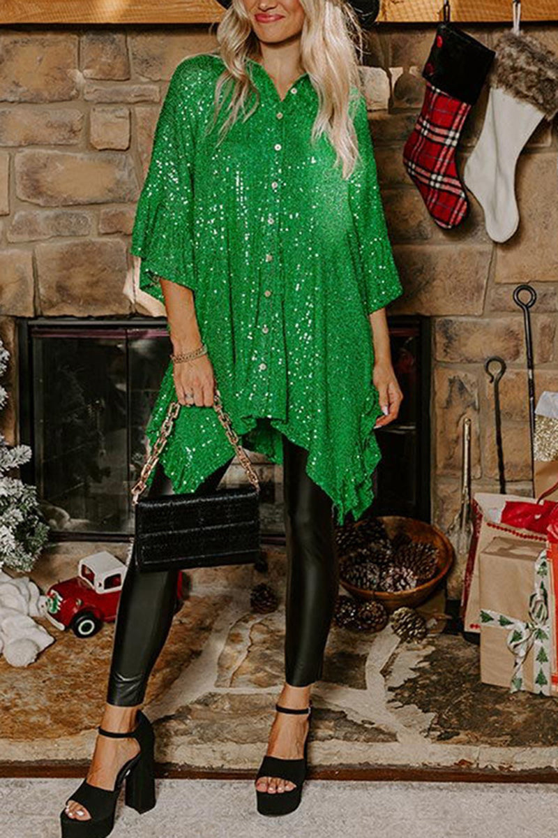 Sequined Button-Up Tunic Top