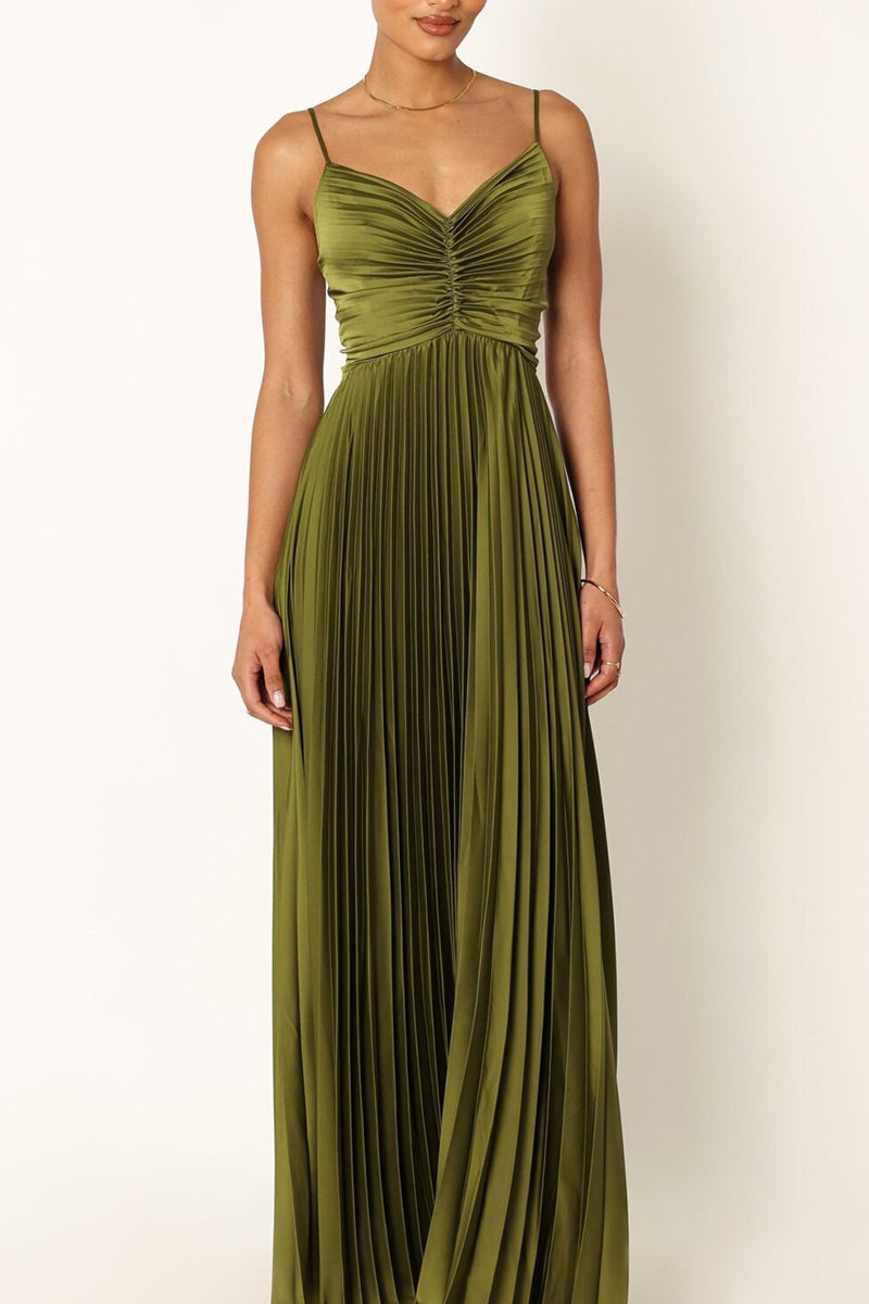 Pleated Maxi Dress with Ruched Bodice