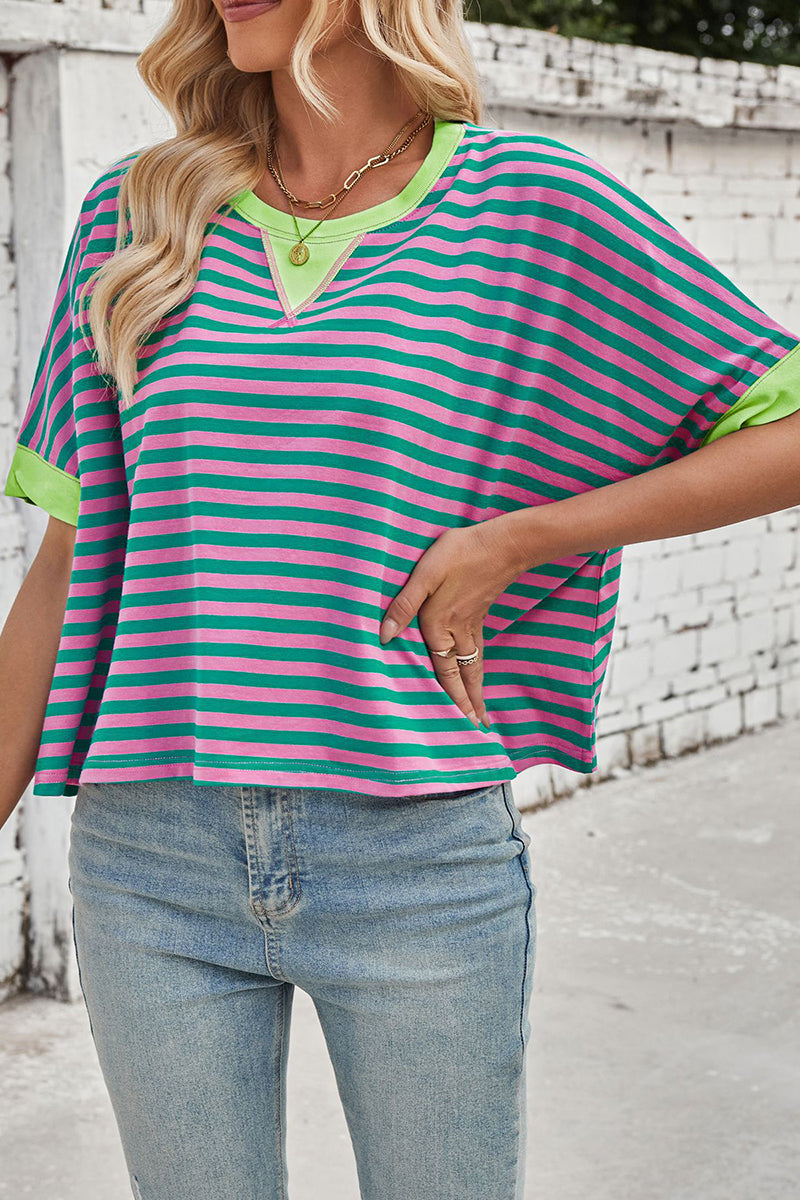 Striped Batwing Sleeve Contrast Trim Top