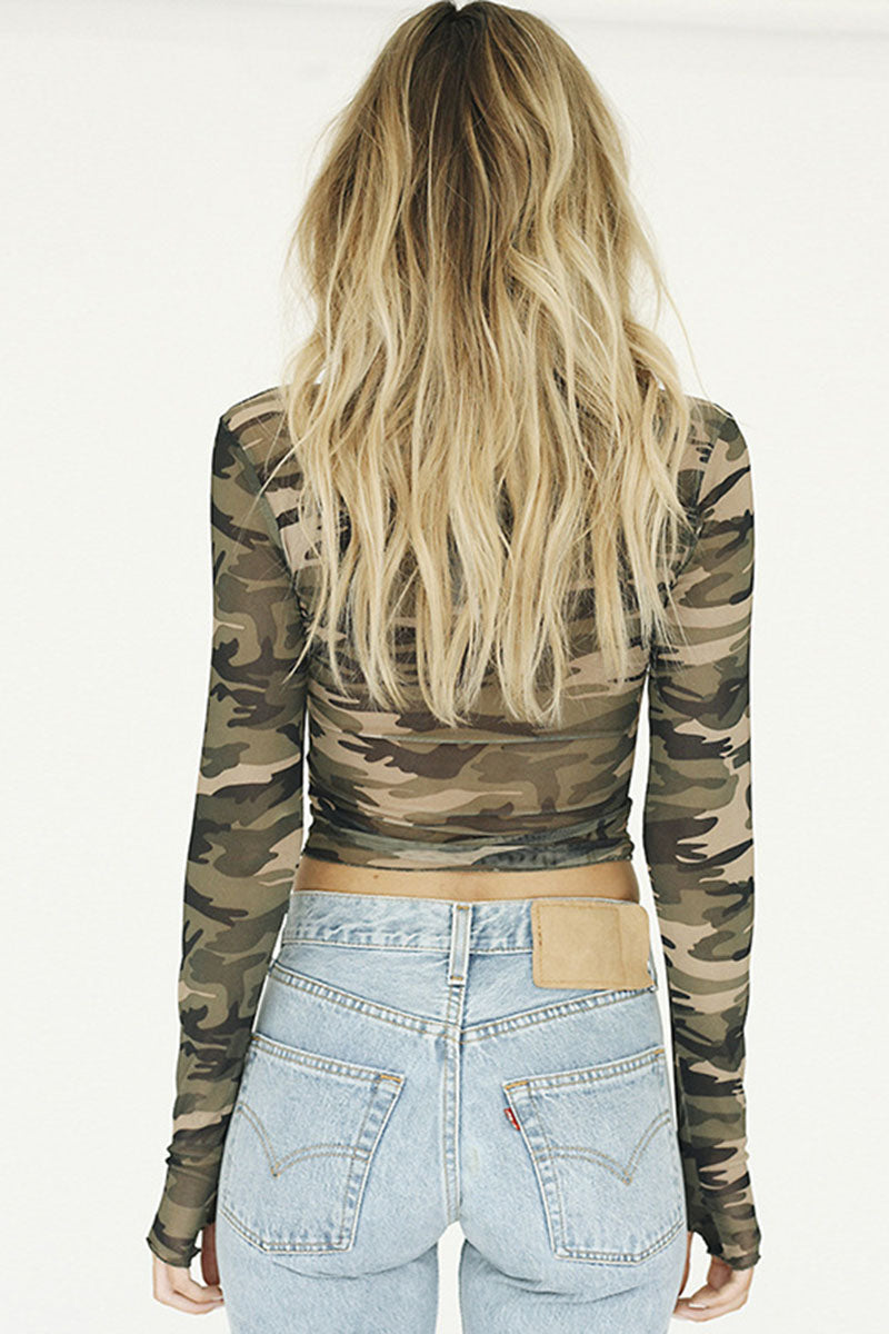 Camouflage Mesh Long Sleeve Top