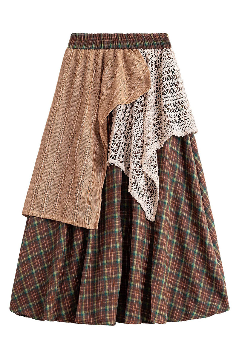 Asymmetrical Plaid Patchwork Midi Skirt