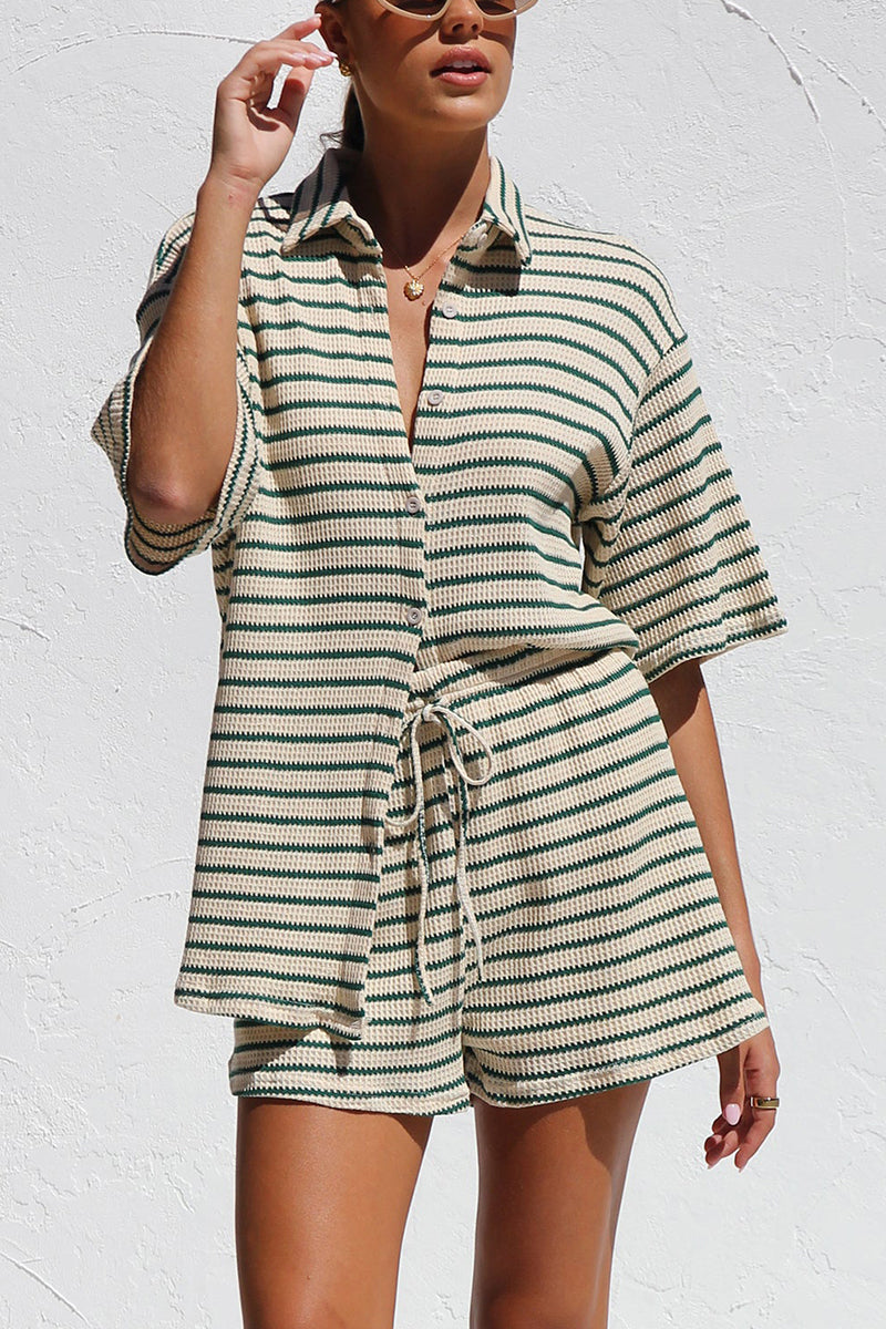 Striped Button-Up and Shorts Lounge Set