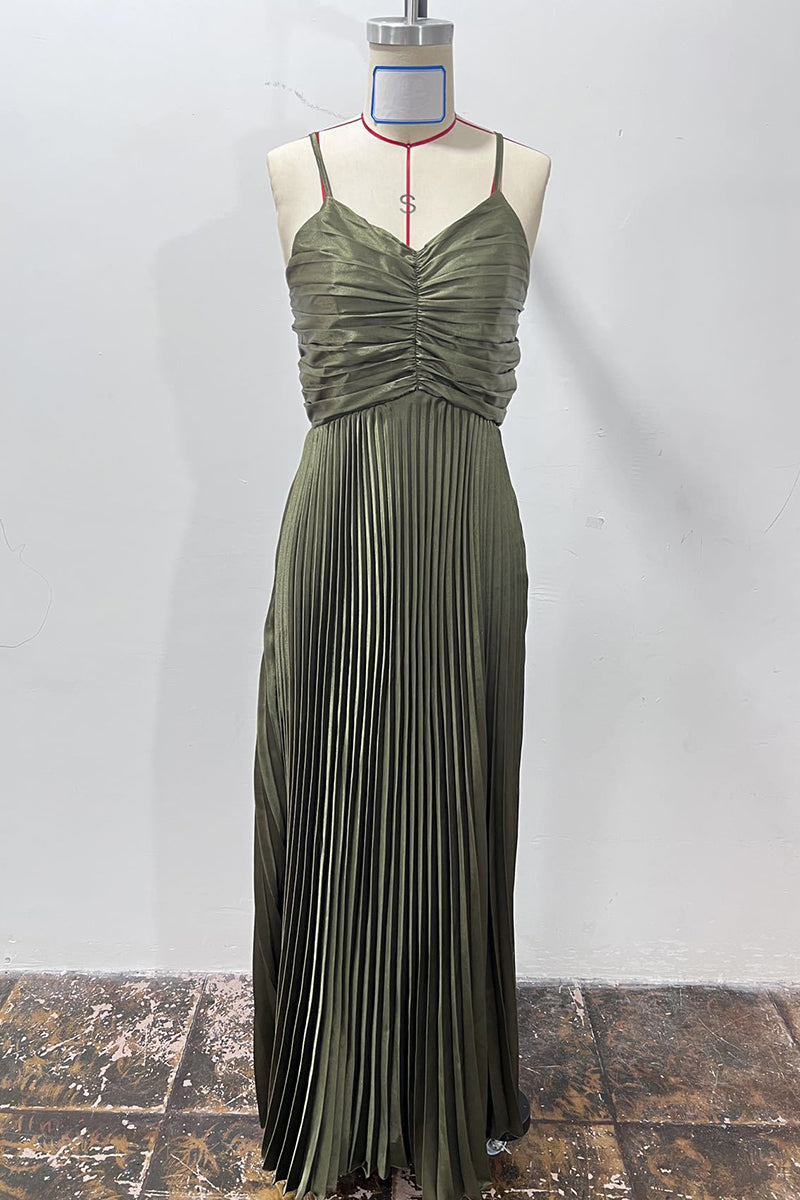 Pleated Maxi Dress with Ruched Bodice