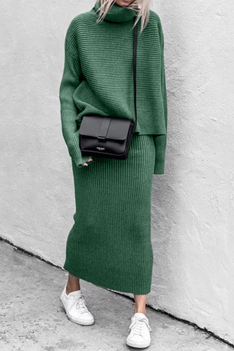 Two-Piece Ribbed Turtleneck and Skirt Set