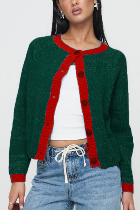 Button-Up Contrast Trim Cardigan