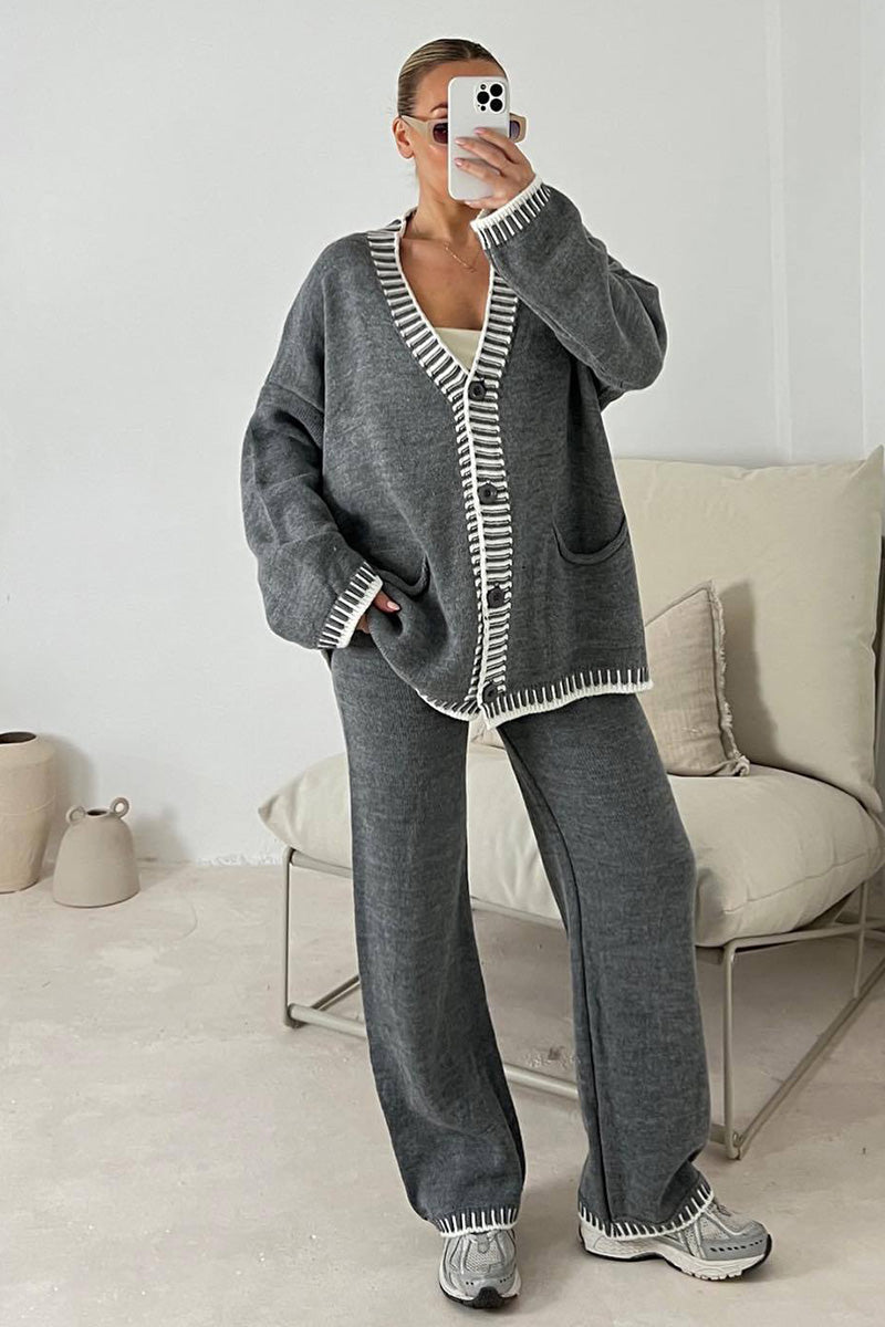 Contrast Trim Knit Cardigan Set