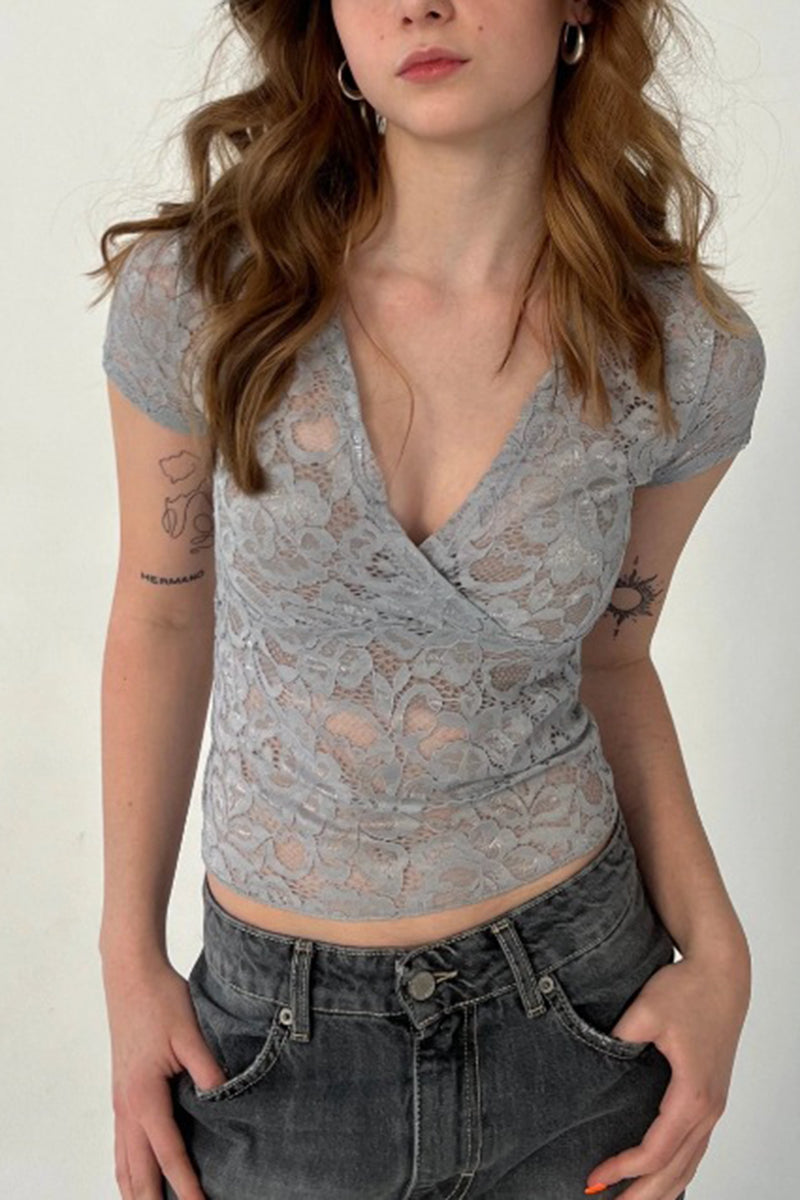 Deep V-Neck Lace Short Sleeve Crop Top