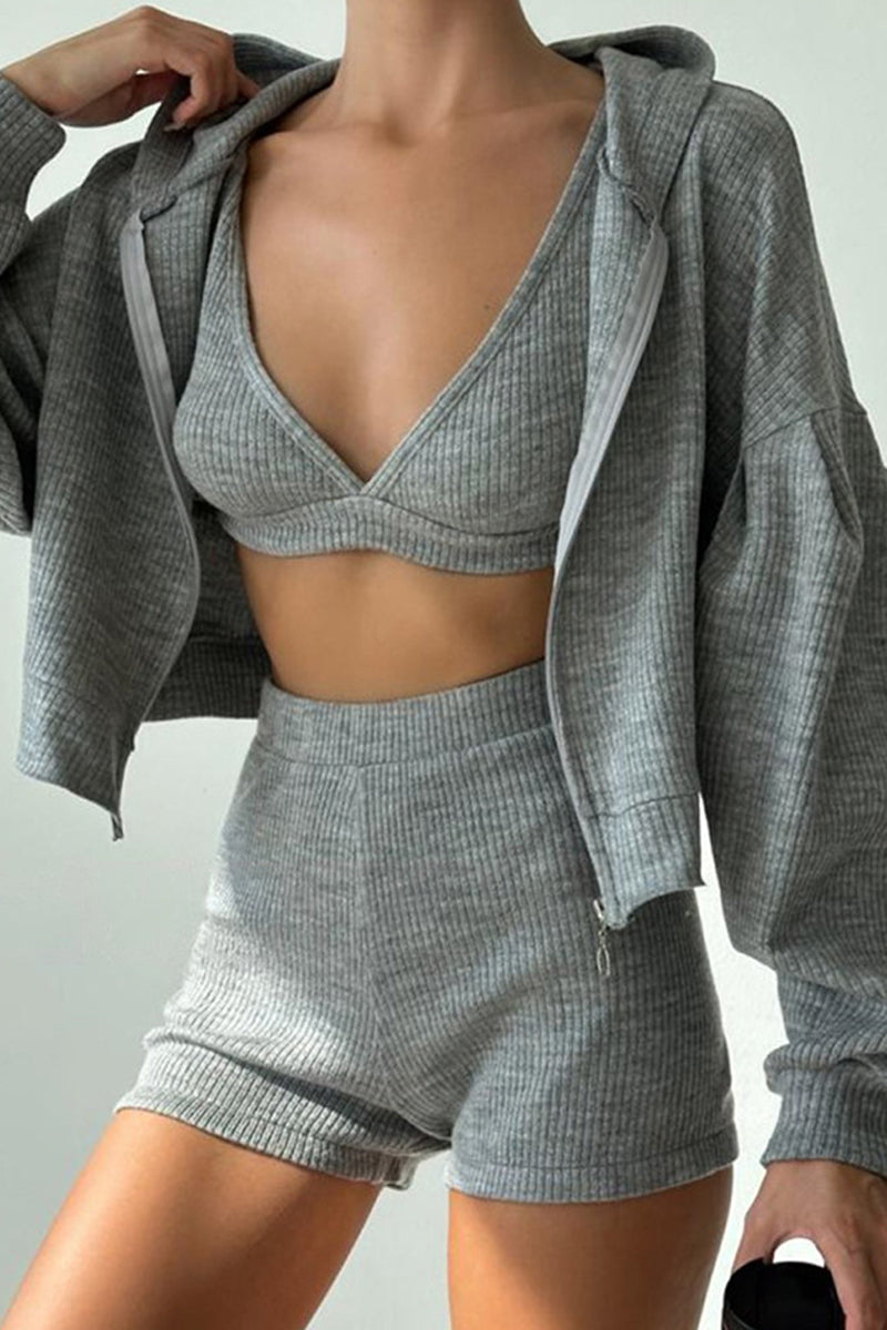 Ribbed Lounge Cropped Hoodie Set with Bralette