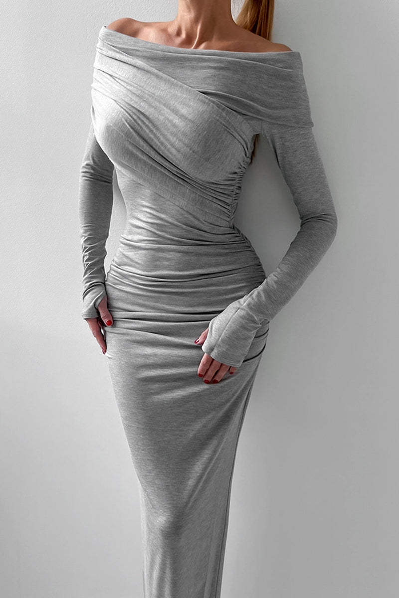 Ruched Off-Shoulder Long Sleeve Dress