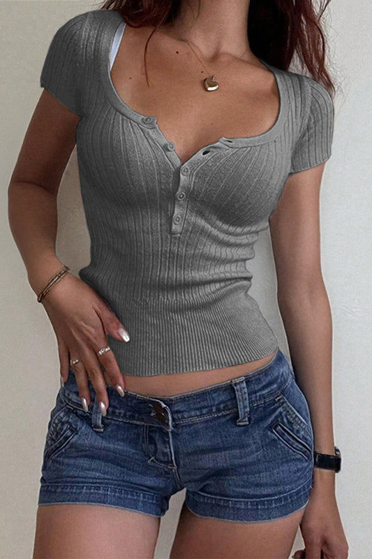 Buttoned Scoop Neck T-Shirt