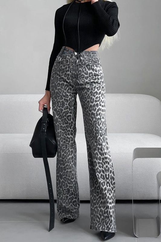 High-Waisted Leopard Print Flare Pants