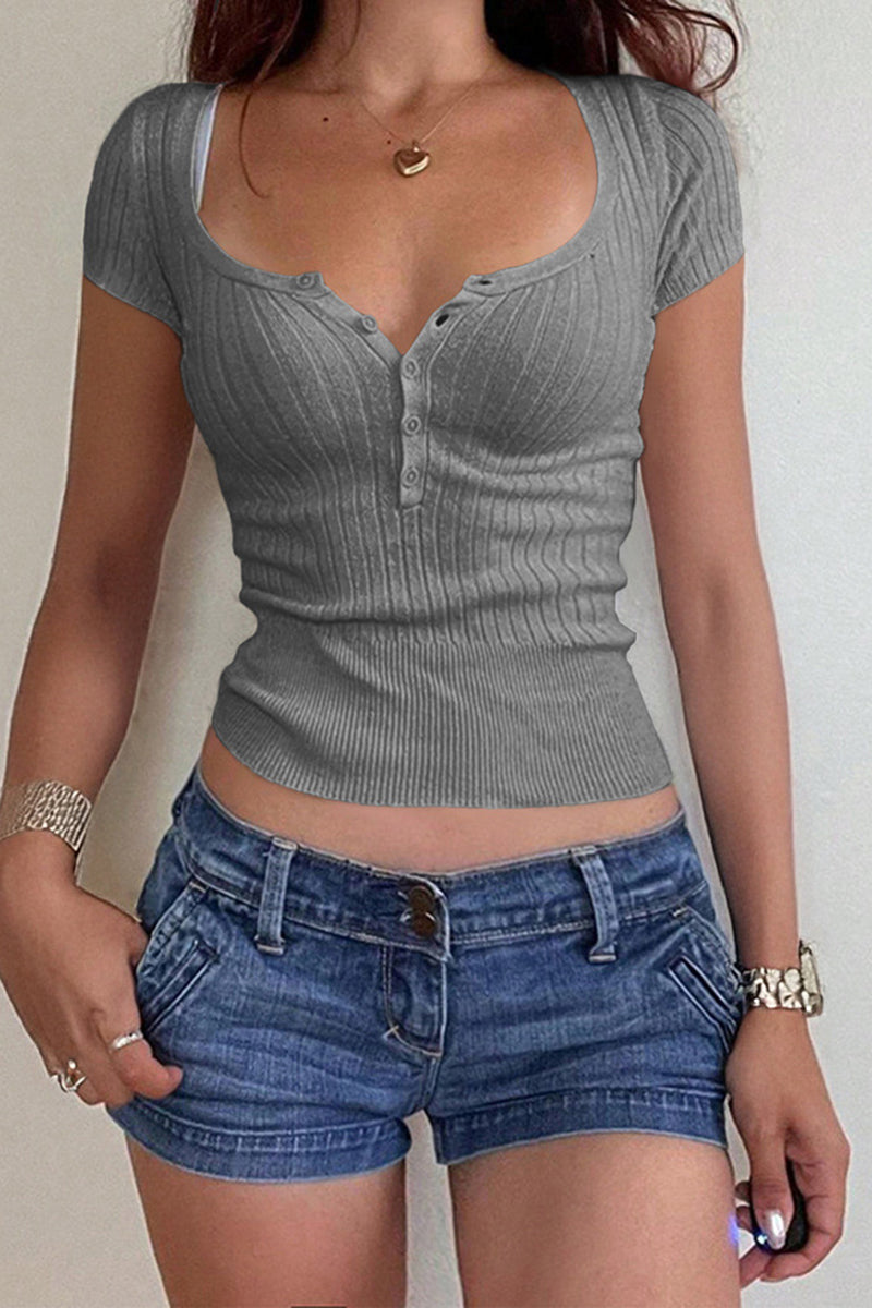 Buttoned Scoop Neck T-Shirt